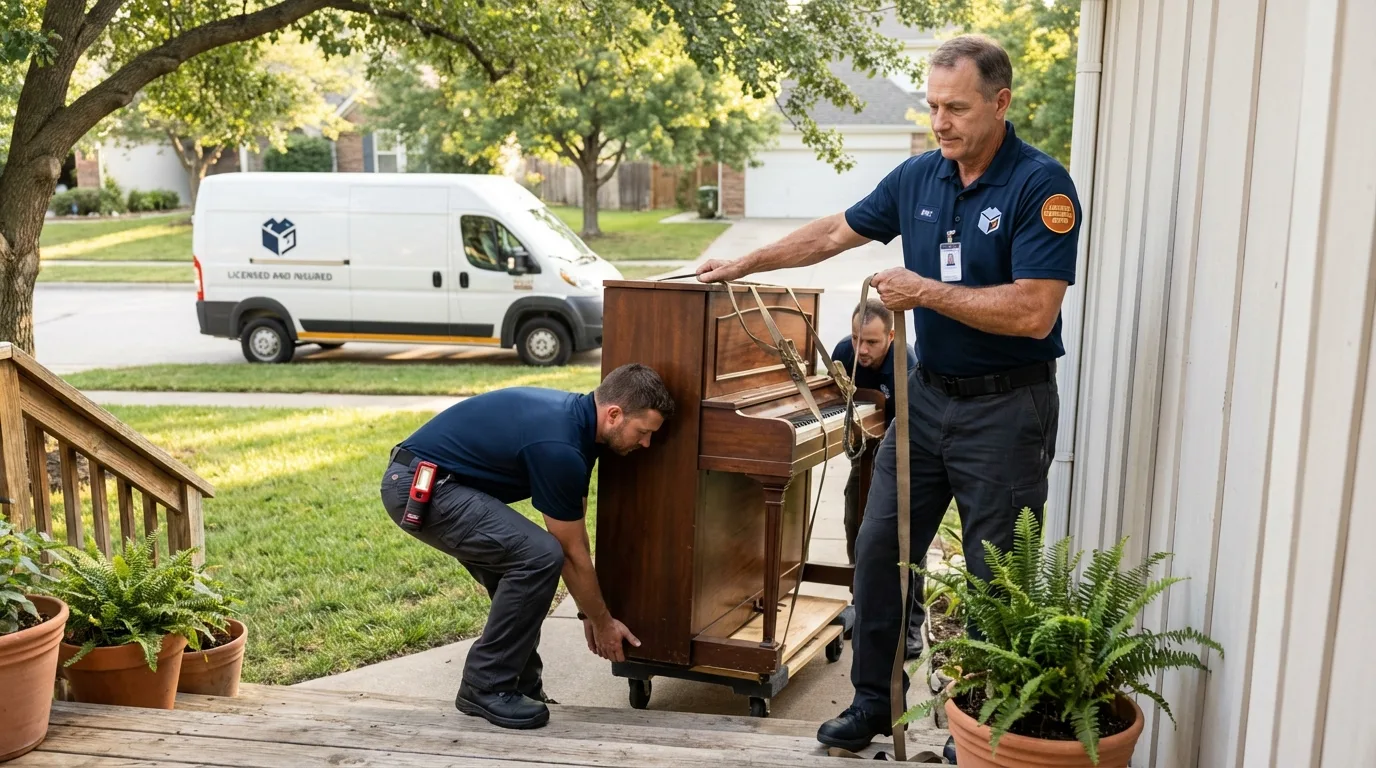 Licensed piano movers securing grand piano in Coldwater, OH