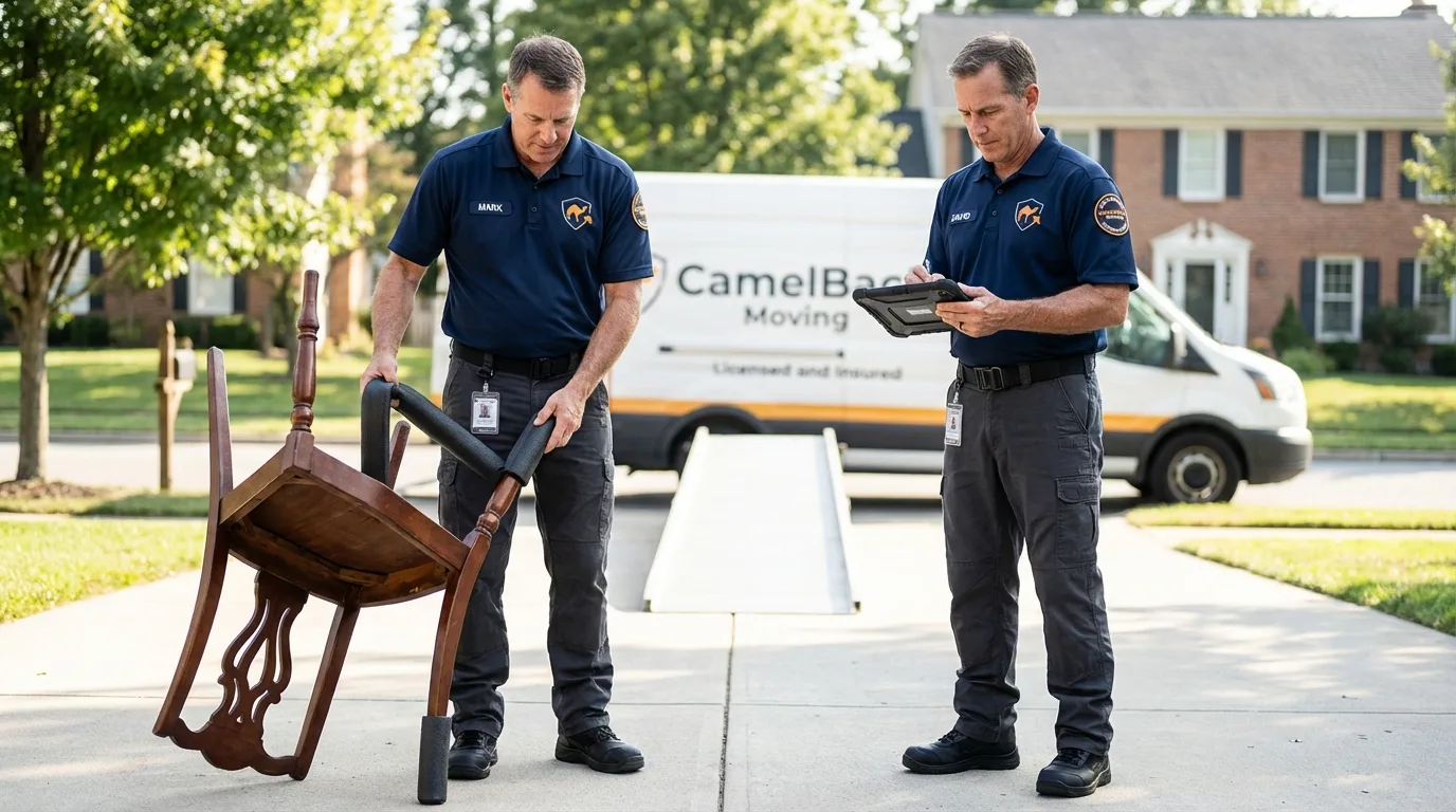 Movers inspecting furniture for damage prevention before loading in Coldwater, OH