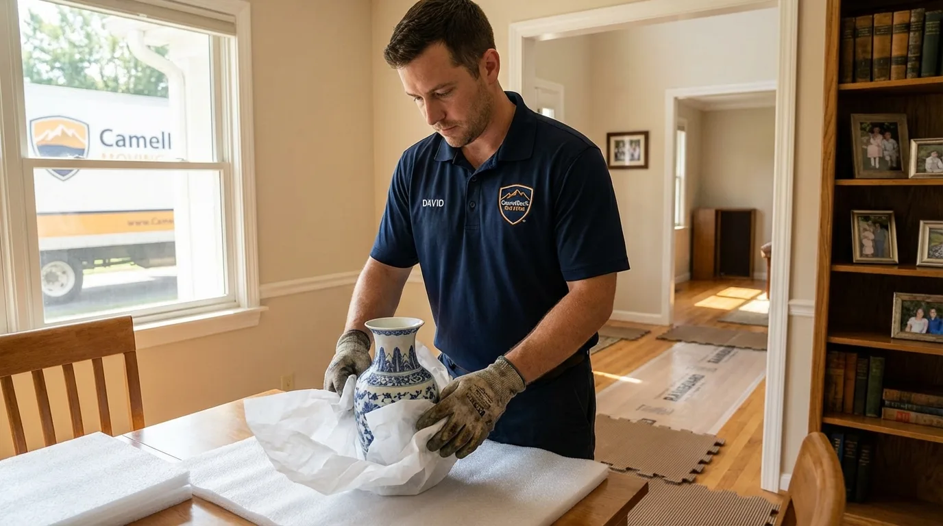 Professional crew carefully wrapping antique vase for senior downsizing move in Coldwater, OH